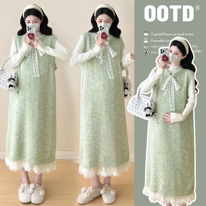 { 糕糕 }孕妇装2025秋冬新款长款马甲蕾丝花边蝴蝶结两件套套装