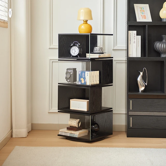 北欧实木旋转边几家用多功能收纳柜客厅落地置物架玻璃手办展示柜