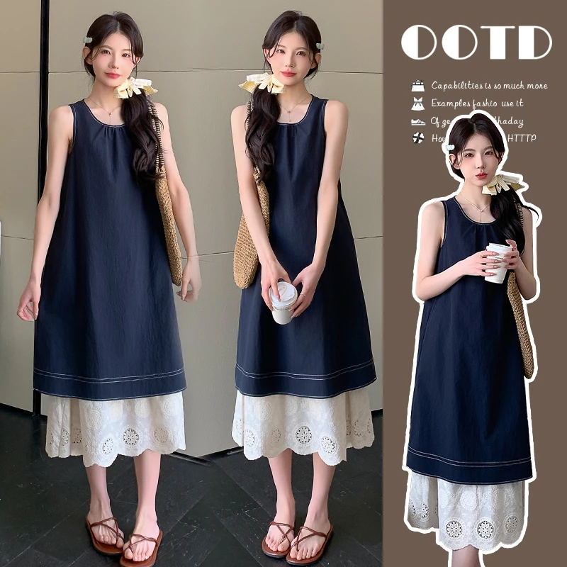 时髦孕妇装新款2025夏季法式复古蕾丝拼接设计感大码显瘦款连衣裙