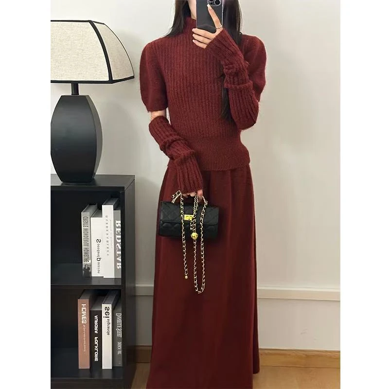 2024年爆款新款时尚洋气极简风简约设计感高领修身百搭长裙三件套