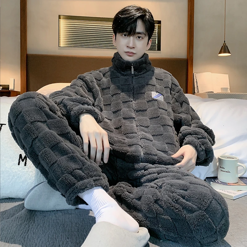 2025可外出家居服暖绒男款套装男士秋冬季拉链休闲高档法兰绒睡衣