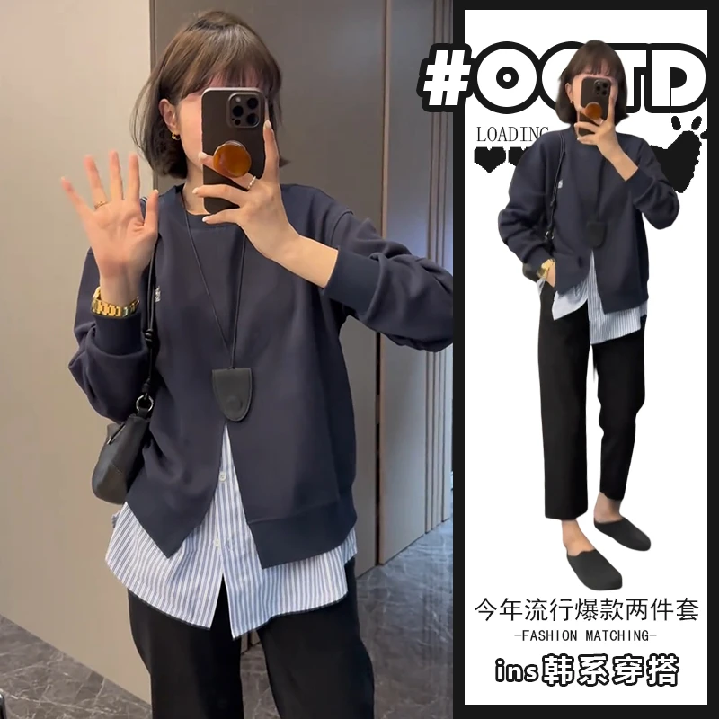 2025年设计感独特别致假两件卫衣高腰休闲裤港味小众百搭两件套潮