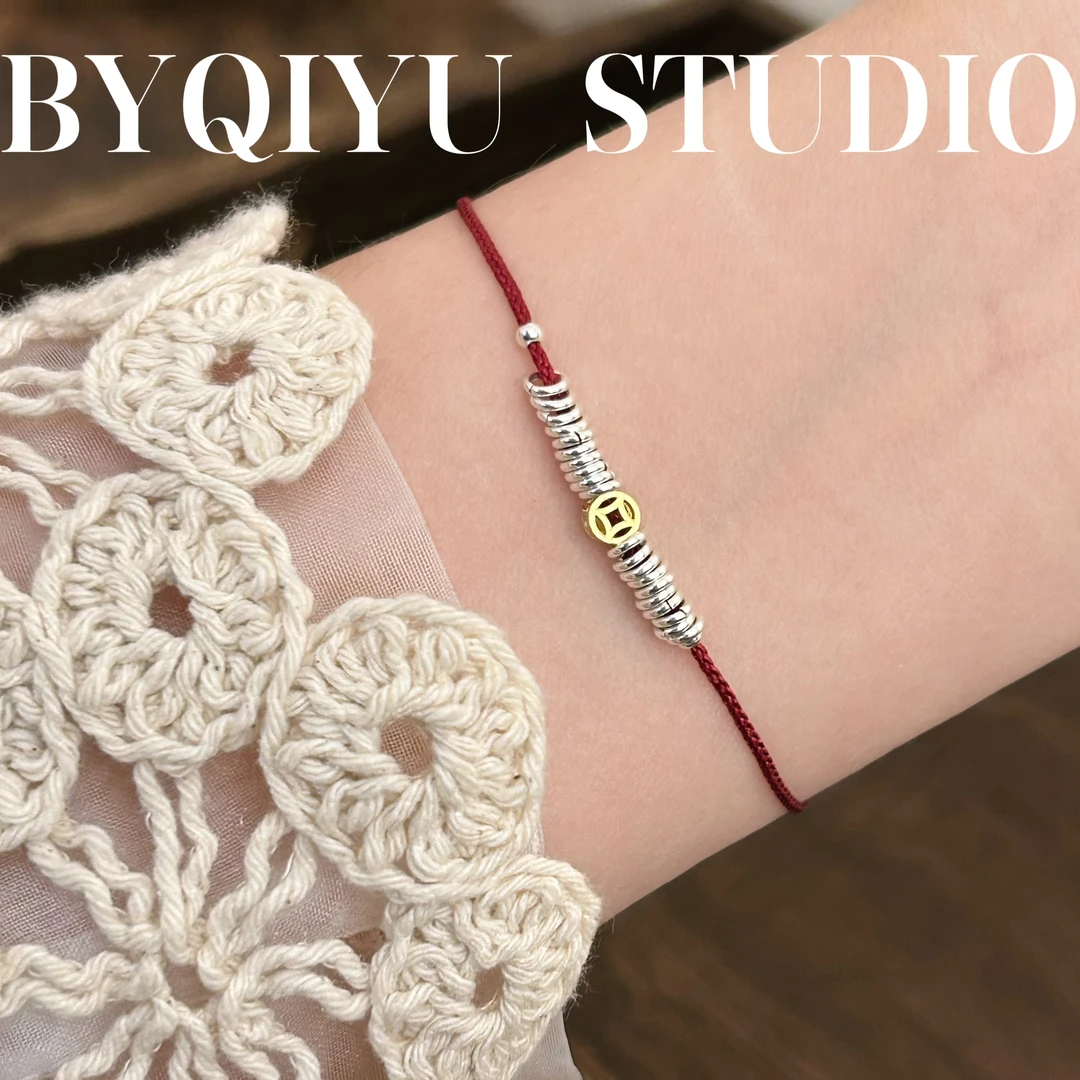 925银布艺手链 S925银盘缠铜钱酒红色红绳可调节手绳