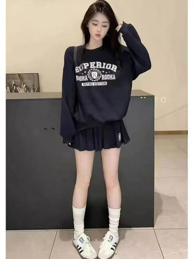 2025早秋新款时尚百搭长袖印花休闲上衣松紧腰短裙套装9760