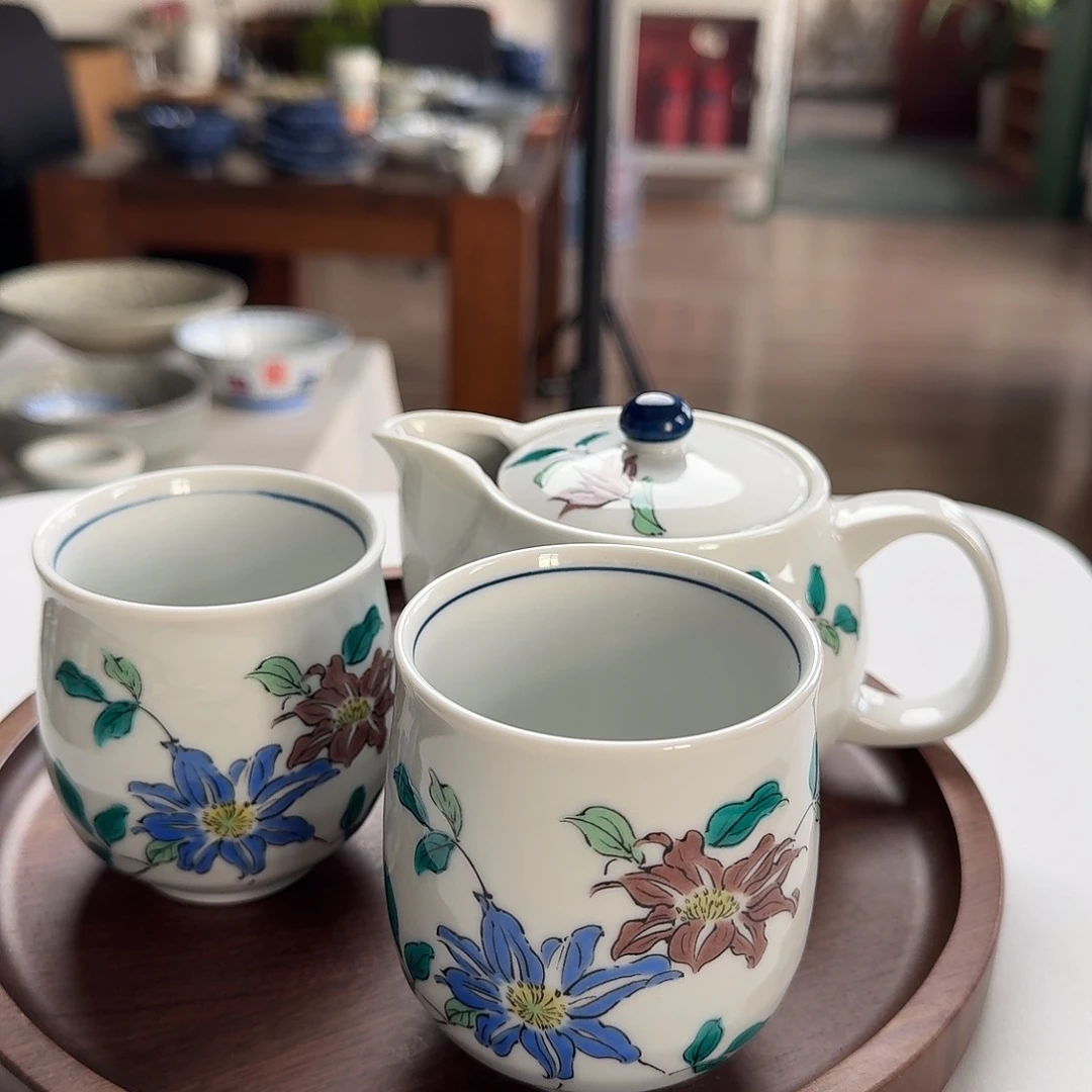 瓷九谷烧手绘铁仙花1壶2杯，壶330毫升，杯子180毫升