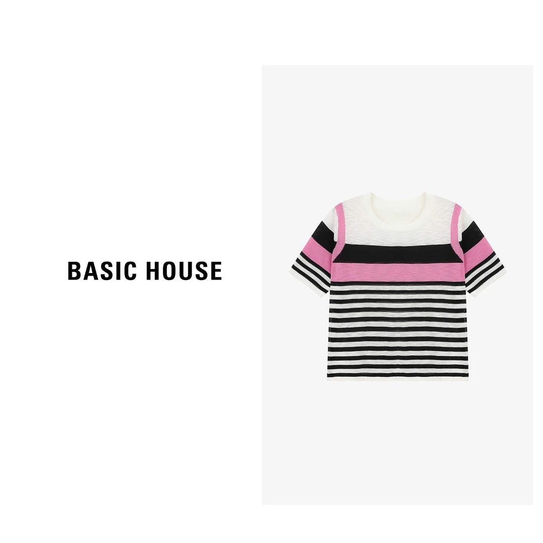 Basic House/百家好时尚百搭夏季春夏宽松条纹针织衫B0625B5E642