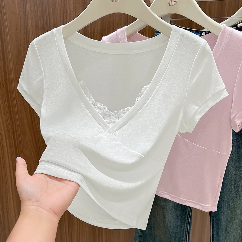 日常通勤风纯色V领短袖T恤女2025夏季新款莫代尔收腰轻薄短款上衣
