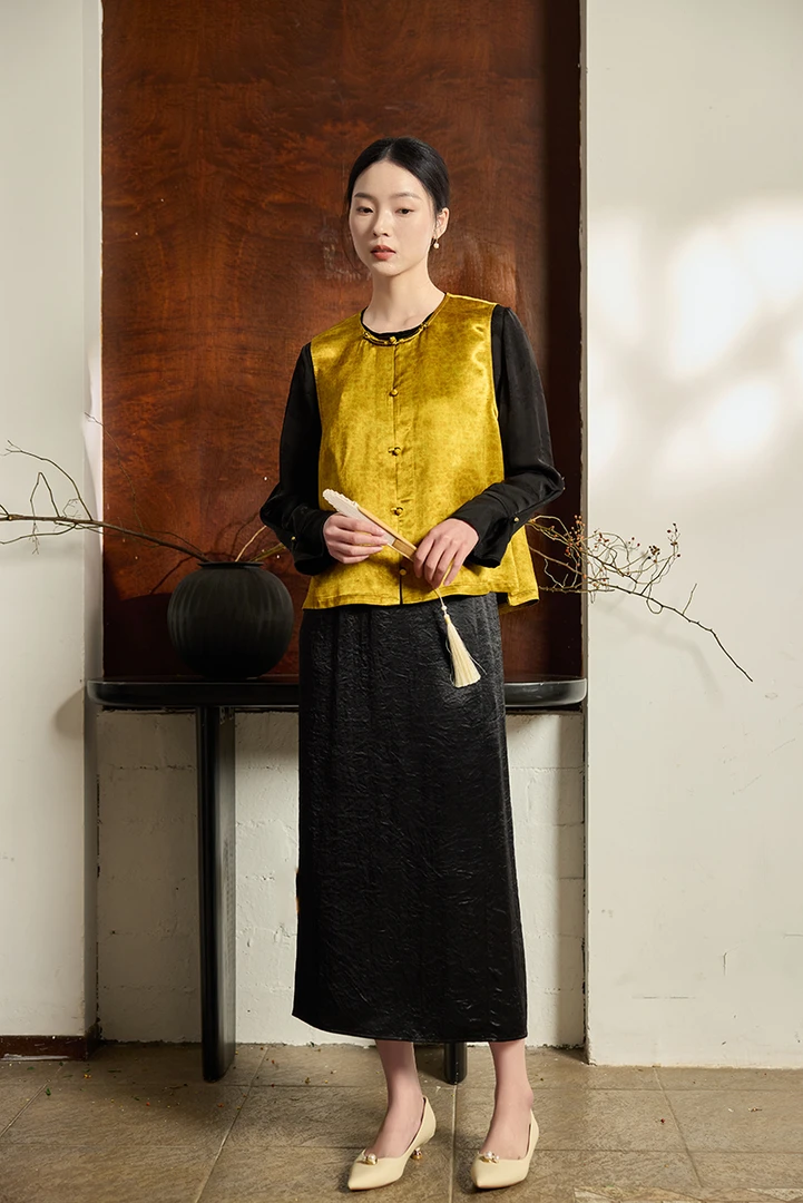 【梨花庄】25春夏51W0314高定人丝仿香云纱金龟缎新中式马甲