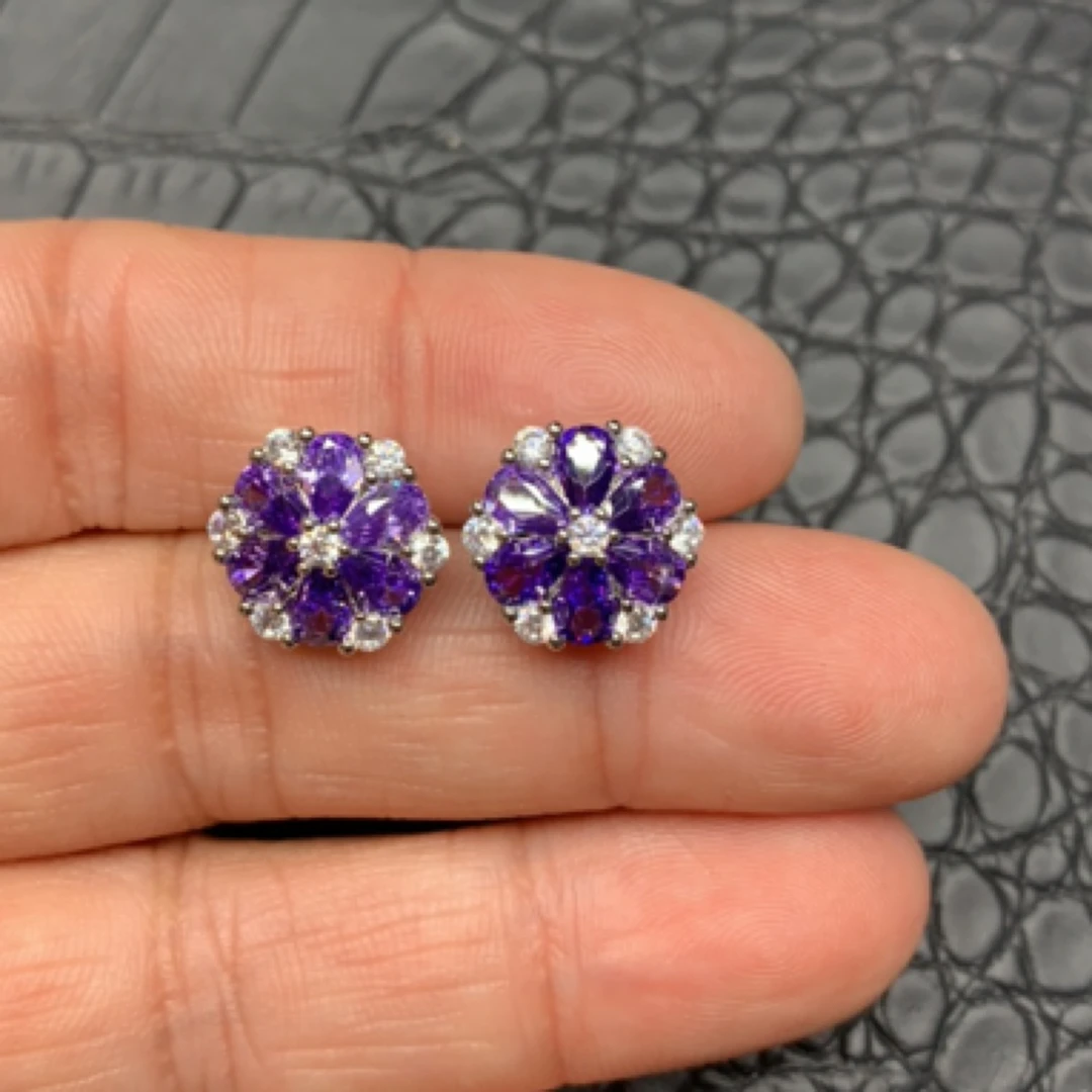 铜合金锆石耳饰 冰花切耳钉彩色时尚饰品精致百搭气质轻奢紫色86