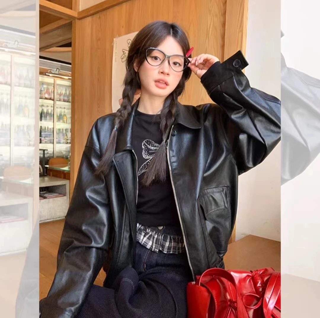 清清 宋正恩黑色机车风皮衣外套女宽松高级感翻领夹克上衣JM666