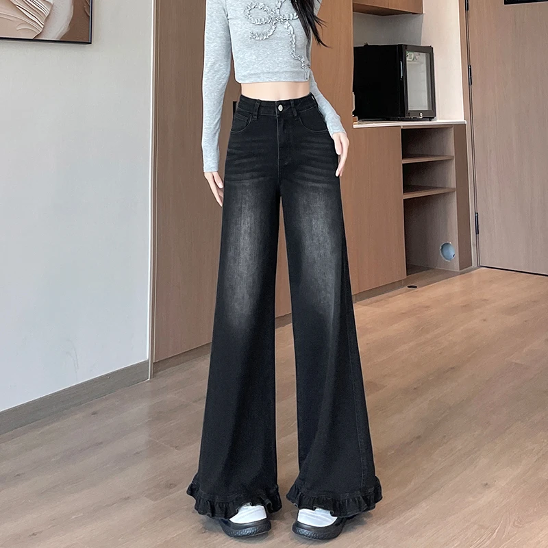黑灰色木耳花边大裤脚牛仔裤女2025秋季新款流行阔腿大喇叭甩甩裤
