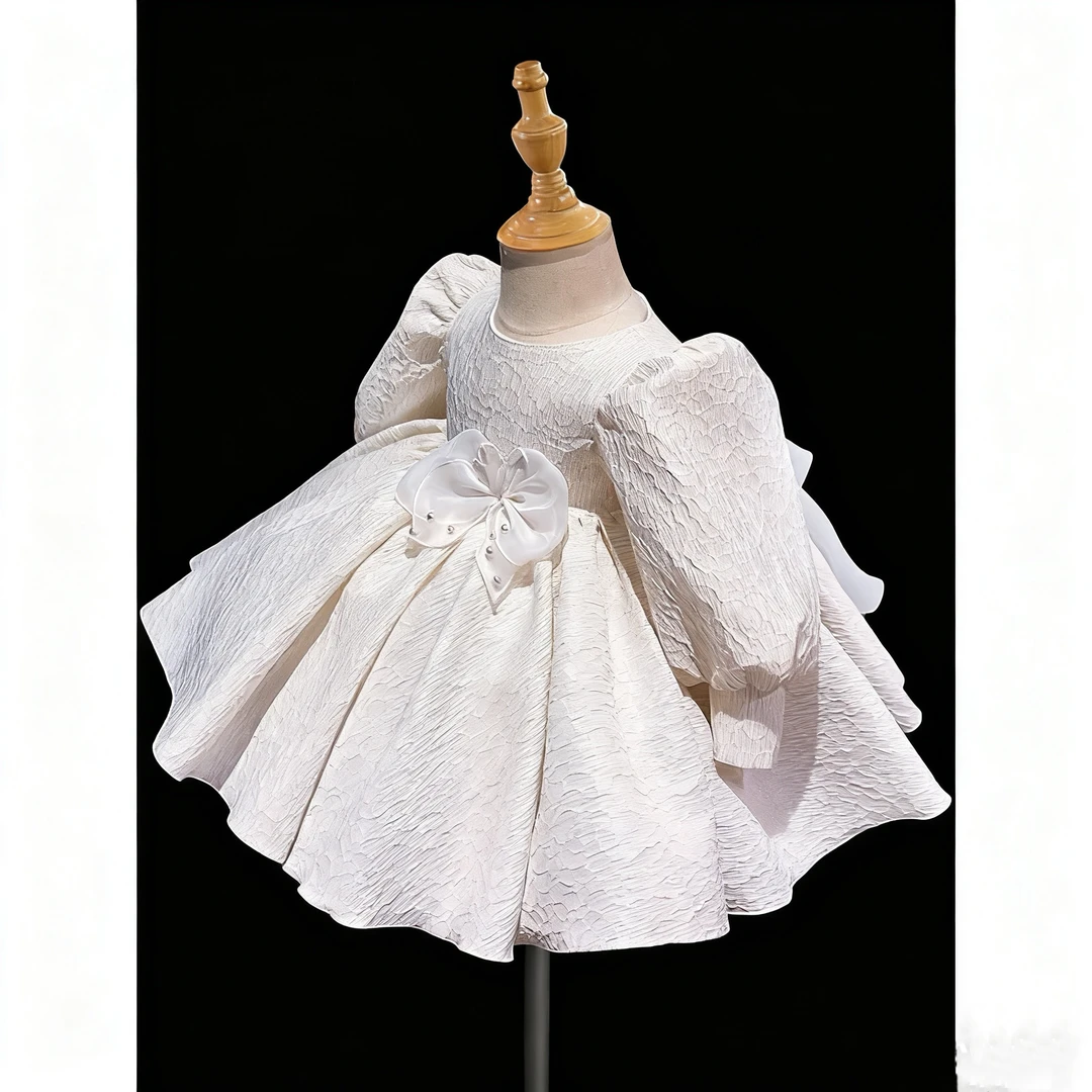 现货款女童连衣裙宝宝周岁生日蓬蓬公主裙白色婚纱泡泡袖短款演出