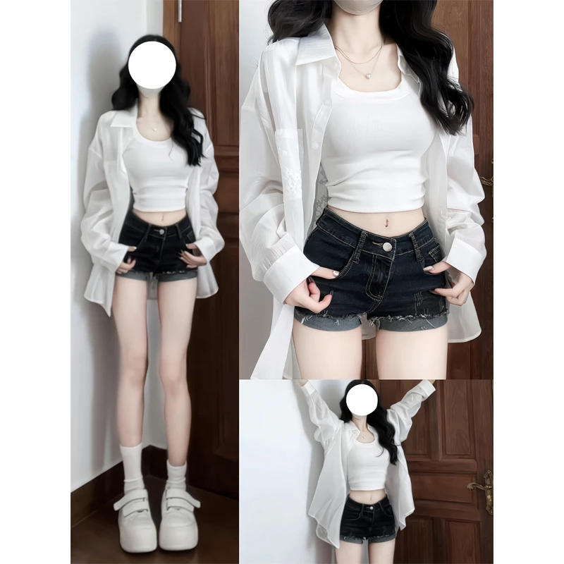 衬衫宽松中长款百搭长袖防晒衫上衣美式卷边牛仔短裤包臀超短热裤