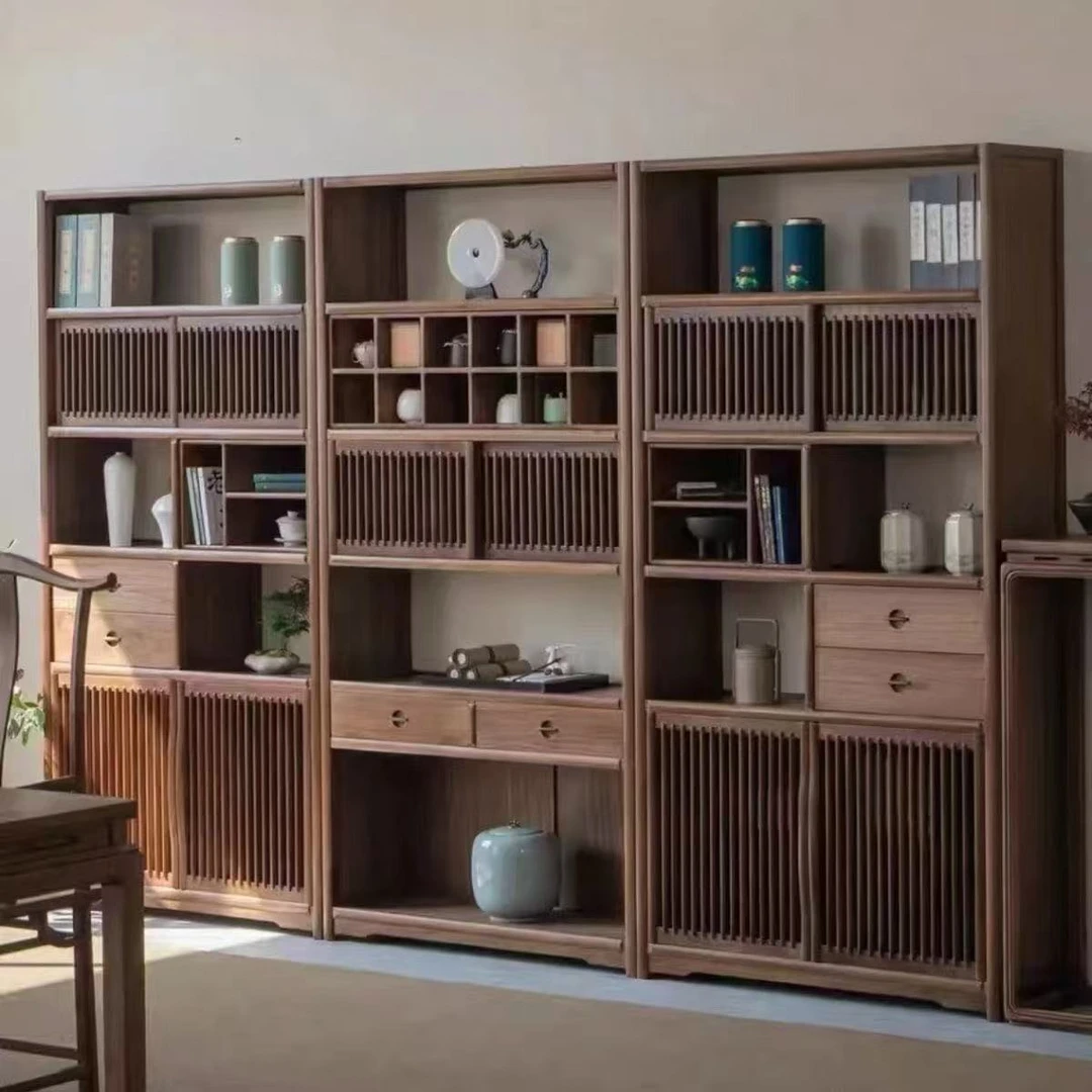 老榆木博古架新中式书架简约禅意书柜书房客厅办公室茶室胡桃色