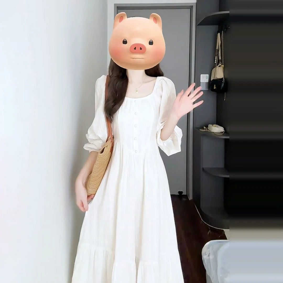 【现货+运补】法式气质长袖温柔风白色连衣裙子女夏季设计感裙6778