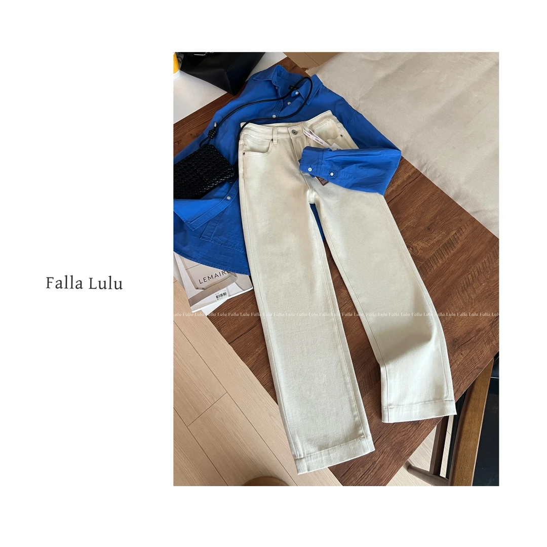 @英子家 春季高腰高弹显瘦窄版直筒拖地牛仔裤 A5736