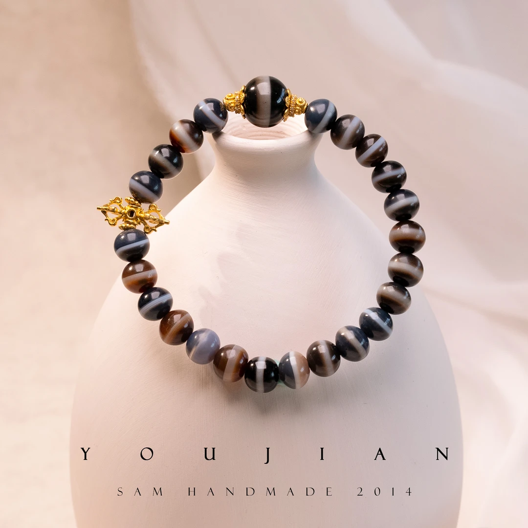 【孤品】又见原创设计-足金手工金（纯）一线药师玛瑙钻石手串-G148