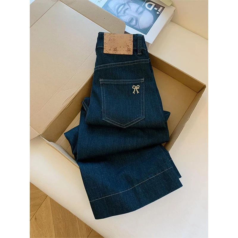 复古蓝九分直筒裤女早秋大码胖mm梨形身材高腰显瘦阔腿牛仔裤
