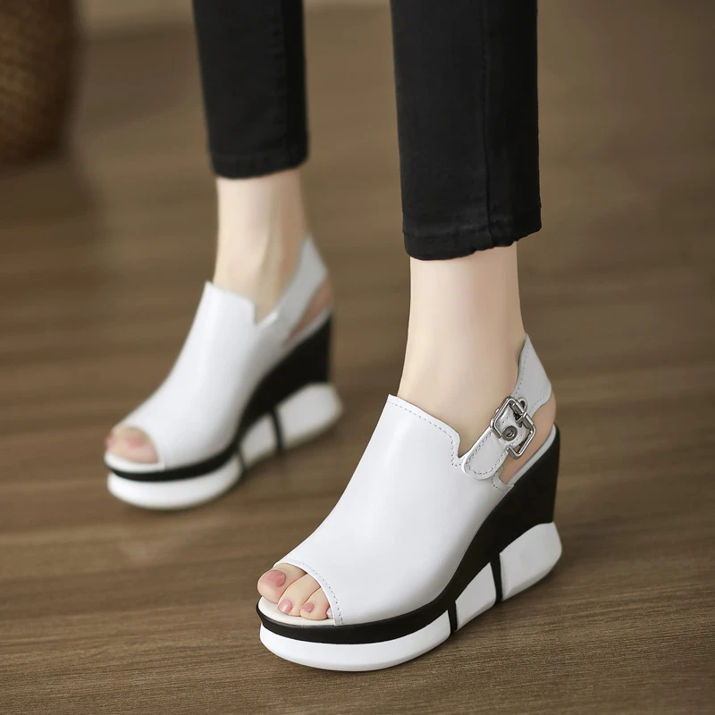 修悦女鞋~9cm小个子不累脚厚底坡跟凉鞋女鱼嘴罗马鞋防水台高跟鞋