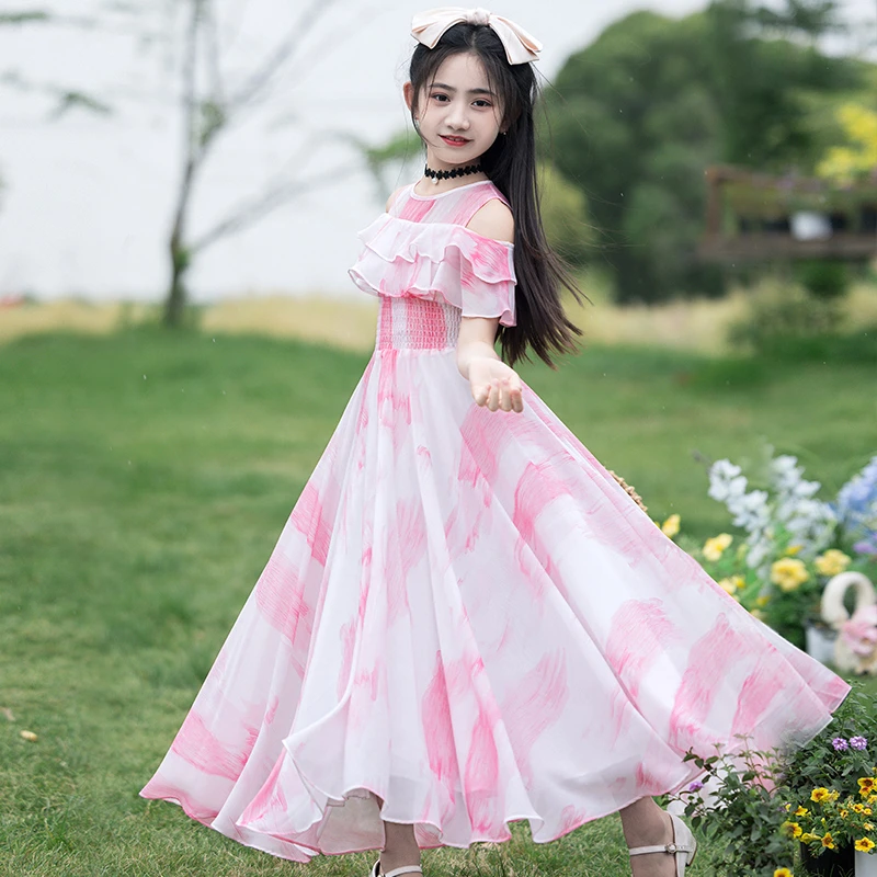 女童连衣裙夏季洋气碎花雪纺长裙中大童薄款沙滩裙小女孩夏装裙子