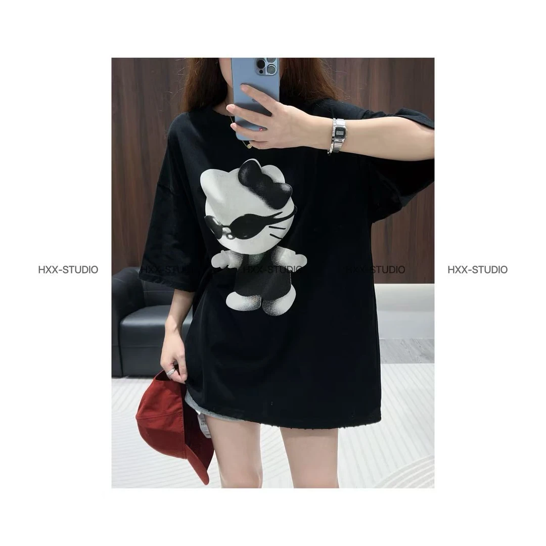 【眼睛猫咪】2025早秋新款韩版宽松百搭卡通猫咪中长款短袖T恤上衣
