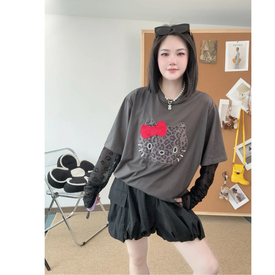 THE ENES X LAB 豹纹kitty拼接暗纹防晒长袖t恤女宽松假两件上衣