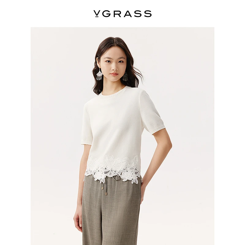 VGRASS真丝棉混纺蕾丝花片镶拼针织衫25夏季新款上衣VZZ3Q2234B