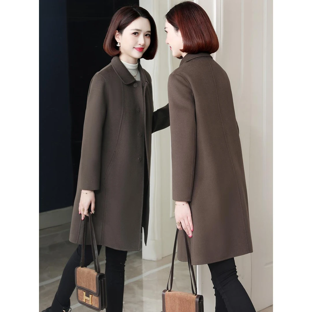 新款双面零羊绒大衣女中长款修身小个子羊毛呢子中老年妈妈外套秋
