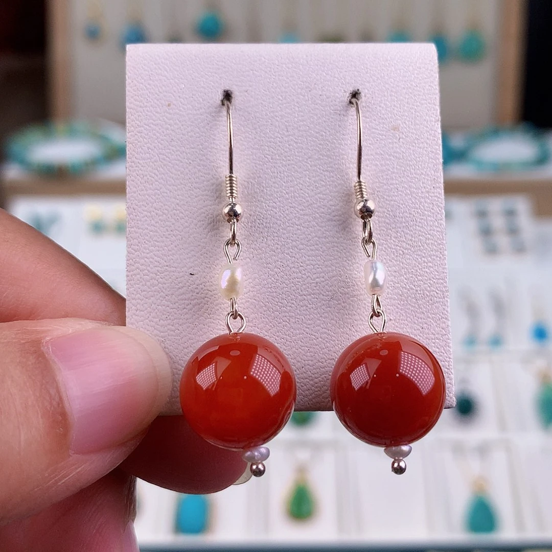 南红玛瑙银S925镶嵌耳饰