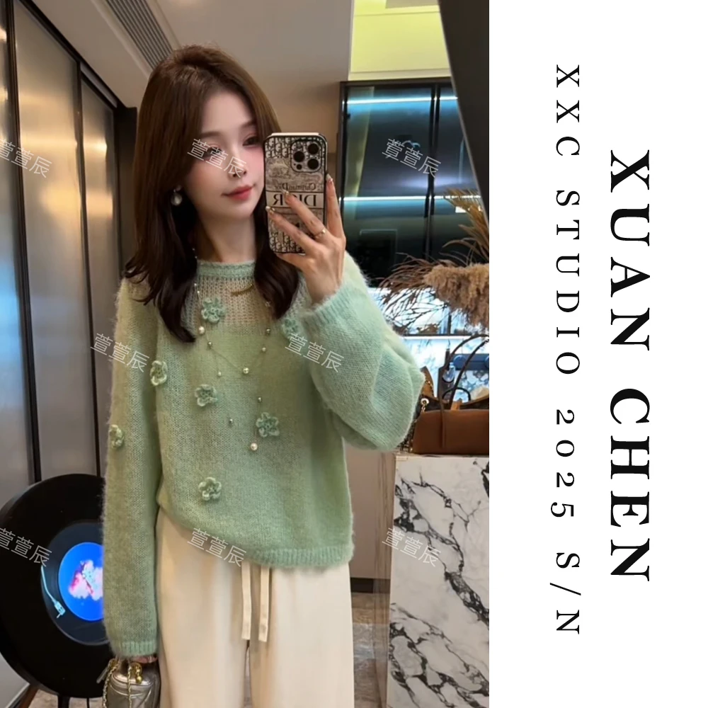 【清新薄荷】毛衣女款爆款2025新款洋气减龄花朵慵懒风毛衣女#8832