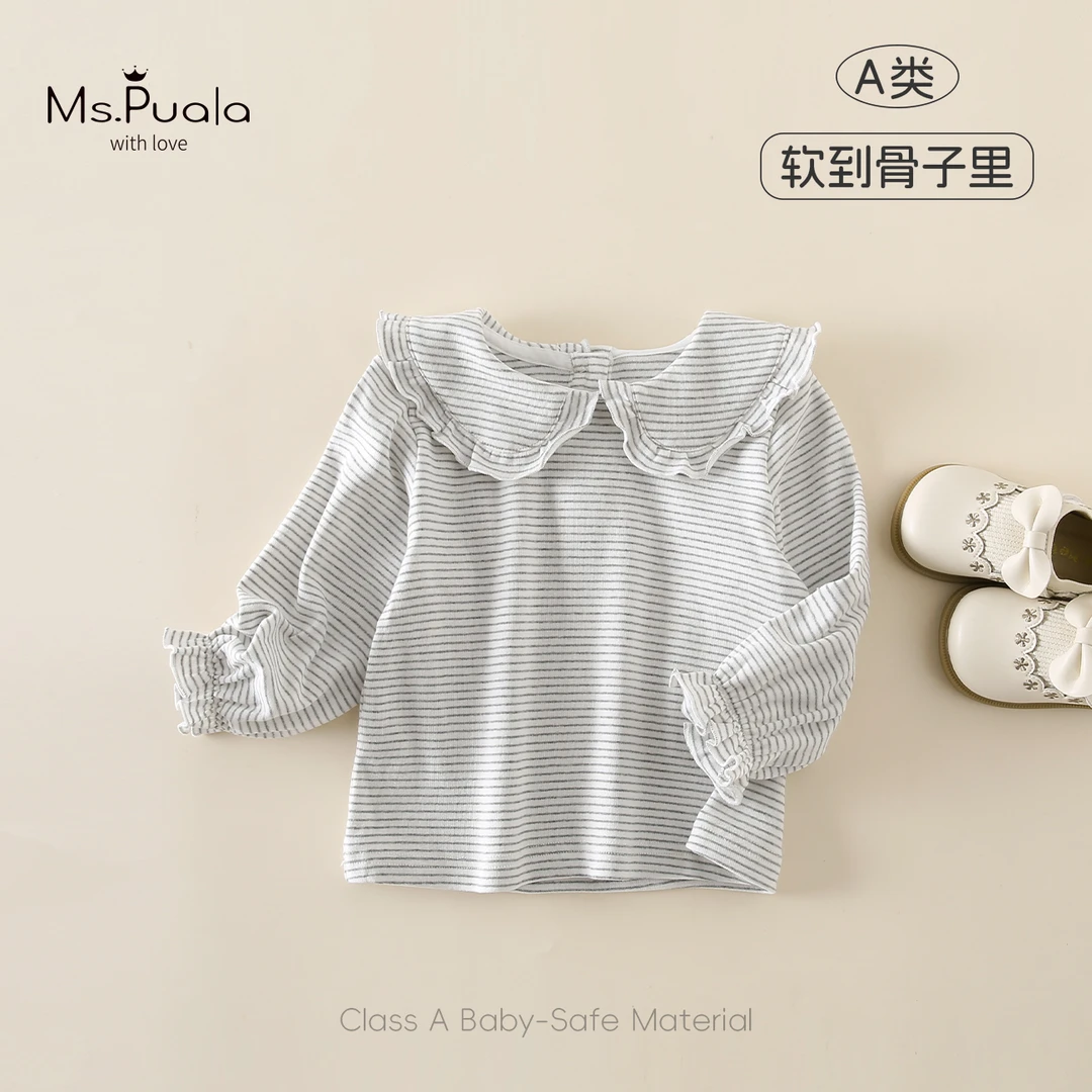 【Ms.Puala棉棉律动】童装婴幼童长袖女宝棉质翻领灰白细条纹打底衫