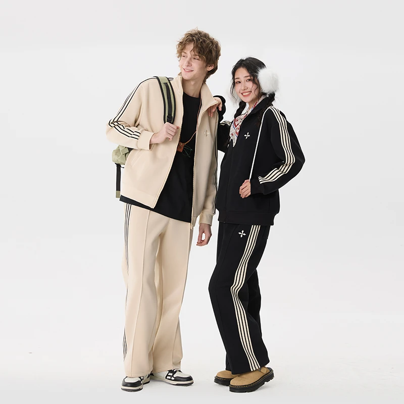 BTW运动休闲套装男女情侣同款2025春秋新款条纹外套宽松阔腿长裤