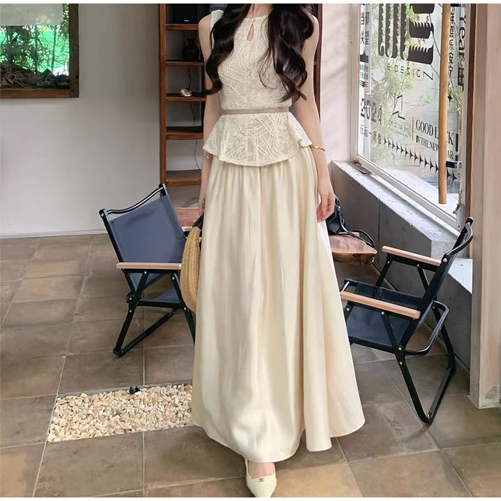 夏季新款气质两件套锦绣华章法式轻奢蕾丝无袖上衣显瘦半身裙套装