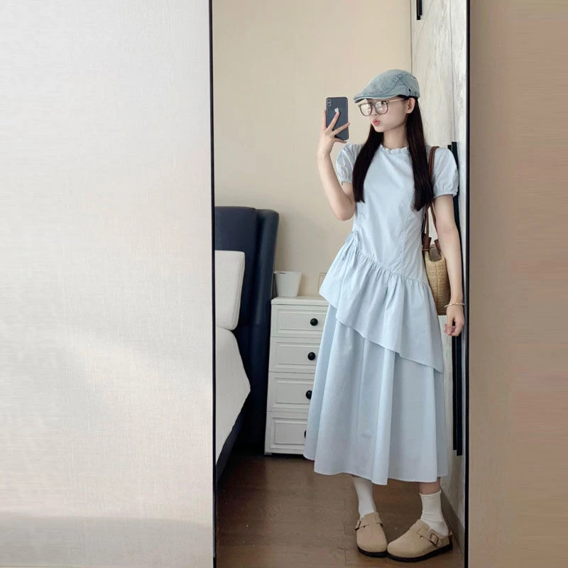 韩版少女风蓝色泡泡袖连衣裙女夏季甜美收腰显瘦绑带不规则长裙子