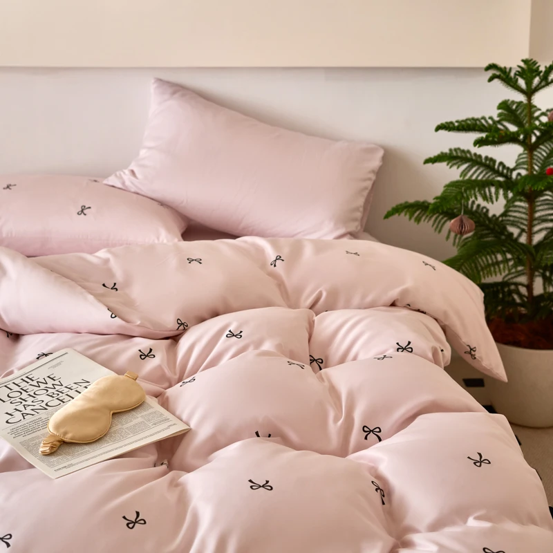 赫本风蝴蝶结四件套夏季水洗冰丝床单人被套罩宿舍床上三件套