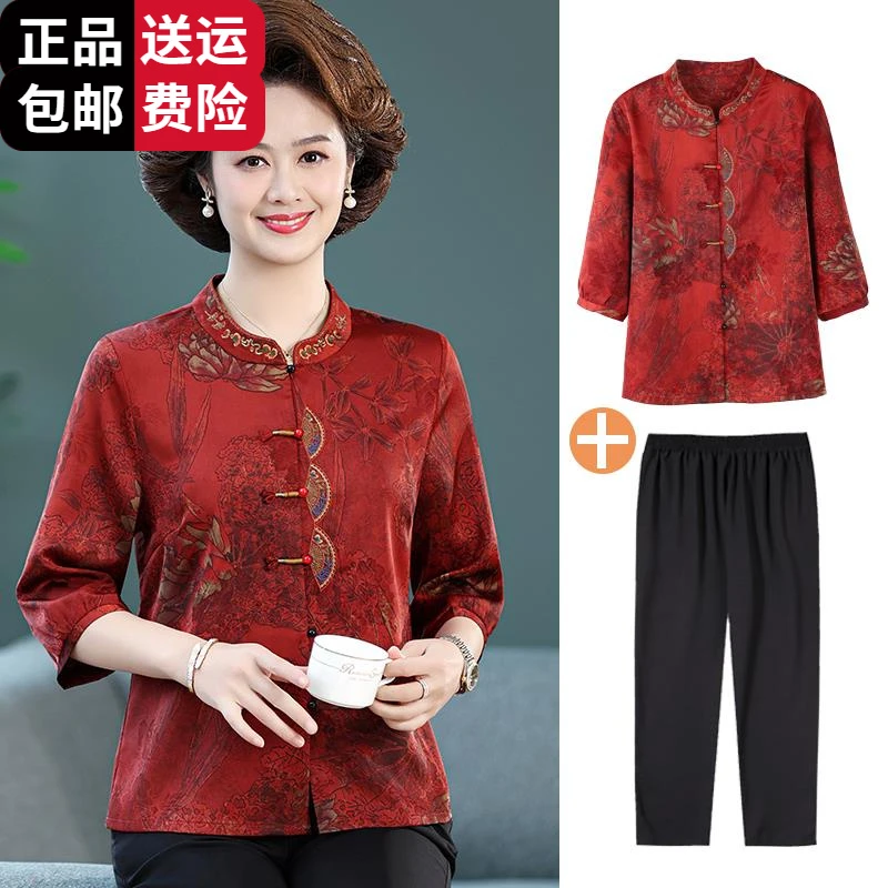 工厂直销百搭老年人夏装女冰丝上衣服妈妈款太太中袖衬衫奶奶