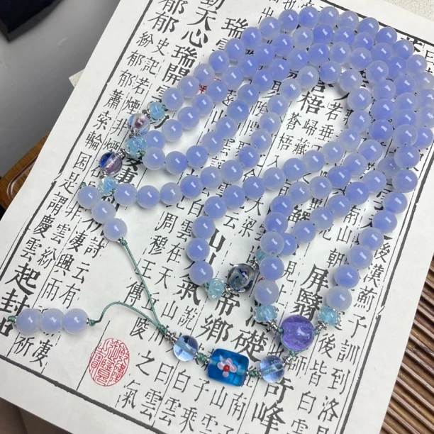 合金项链 LZ7071蓝色糖心套料108颗琉璃项链