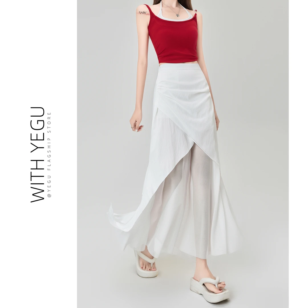 法式白色网纱拼接半身裙女夏季薄款仙女裙假两件不规则褶皱中长裙