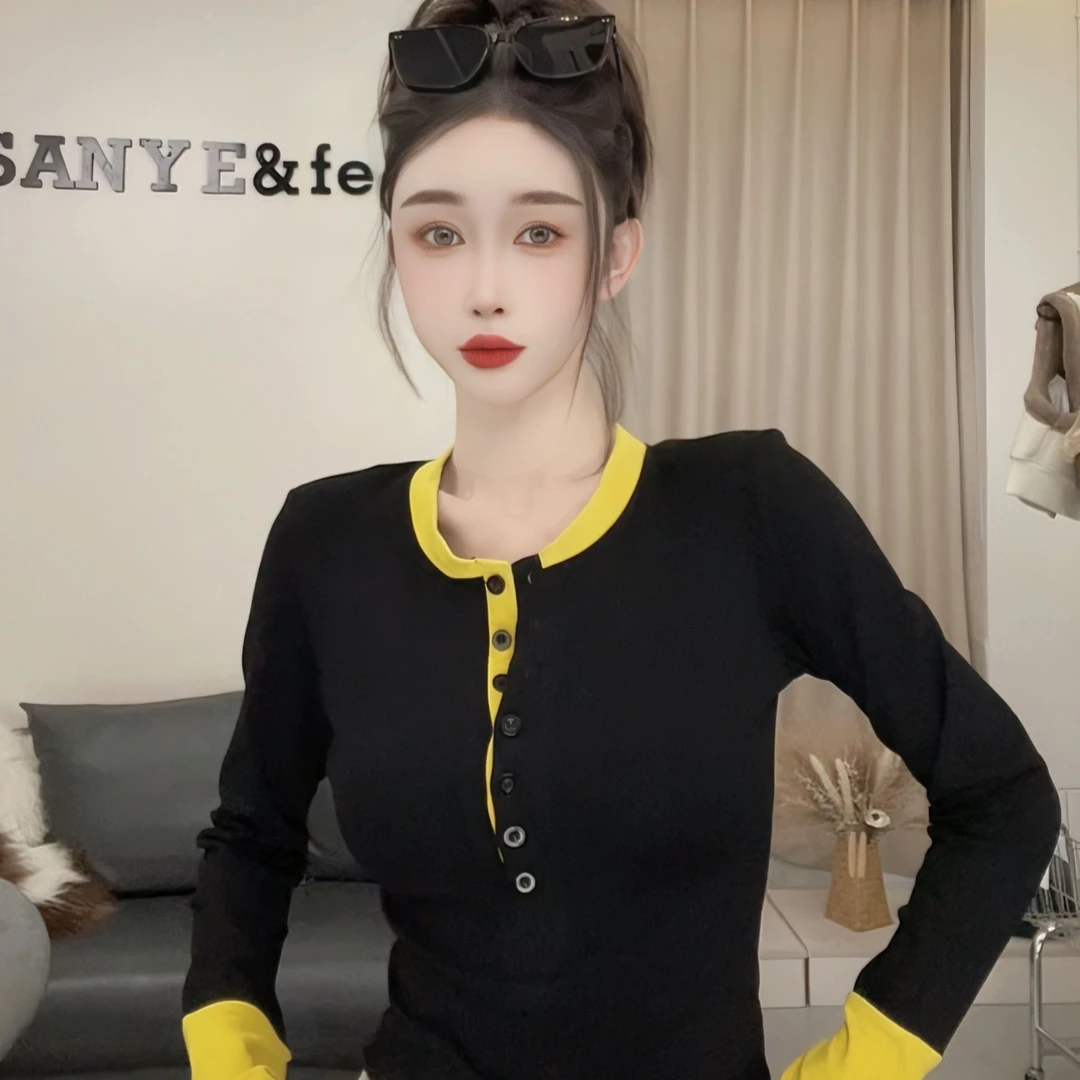 大妍的福利-【心机纽扣】62093秋冬新款袖口拼接磨毛打底上衣YX