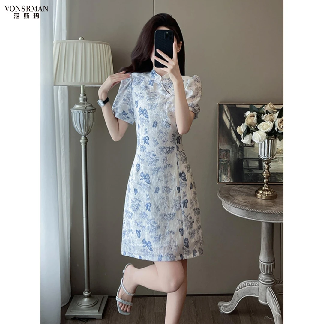 新中国风温柔优雅短袖连衣裙2025夏季小优雅腰改进旗袍裙女装时尚