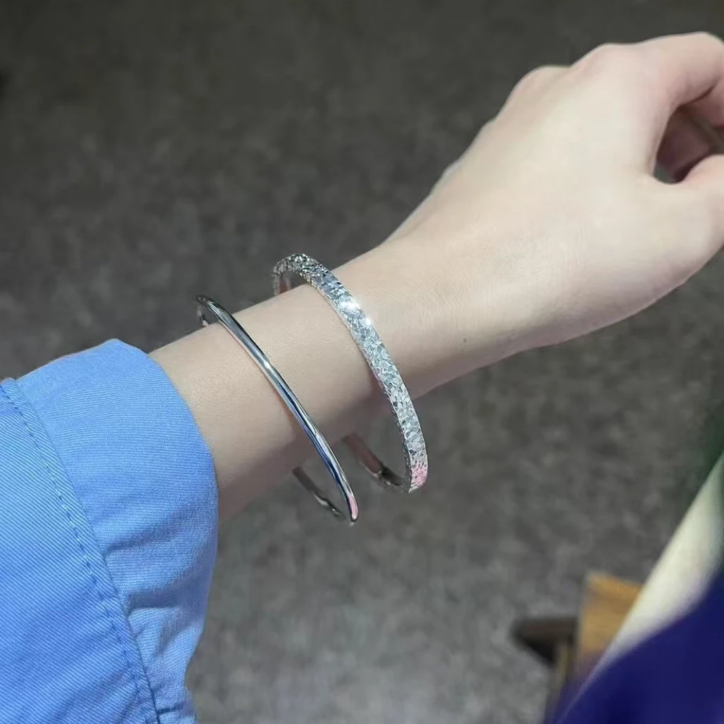 足银手镯 夏季爆款足银999.9实心碎碎冰叠戴组合送女友七夕礼物