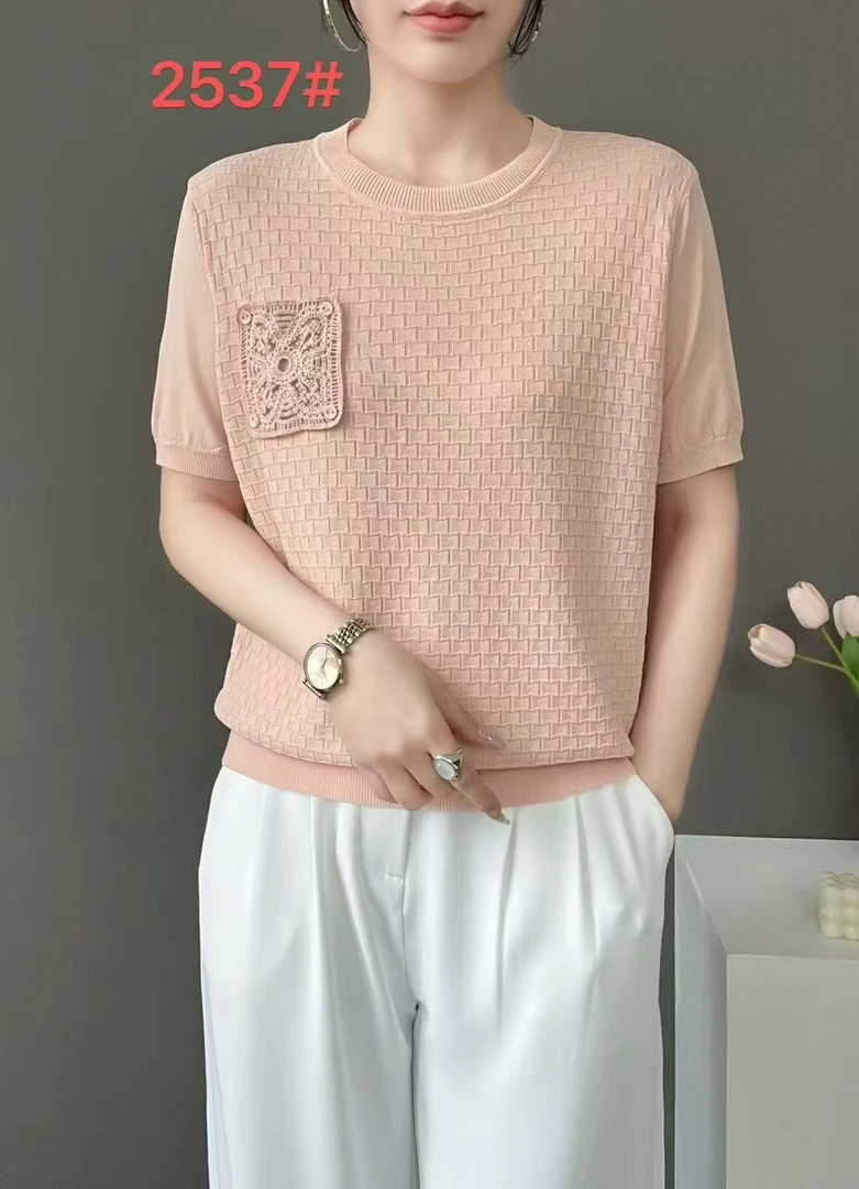薄款简约夏季短款针织衫气质毛针织衫短袖女装洋气圆领女镂空