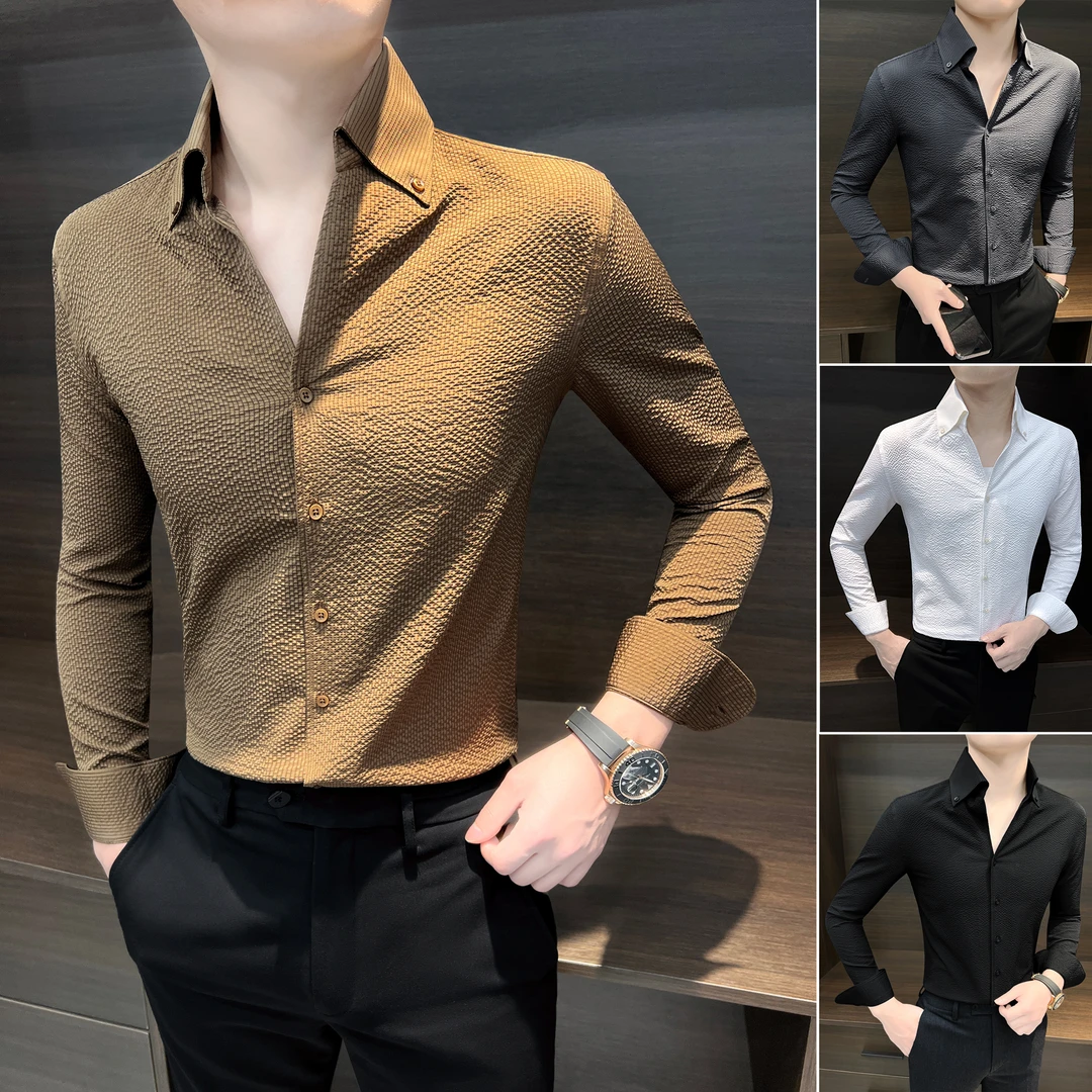 V领衬衫男款长袖秋款2025新款爆款痞帅高级感商务泡泡纱男士衬衣