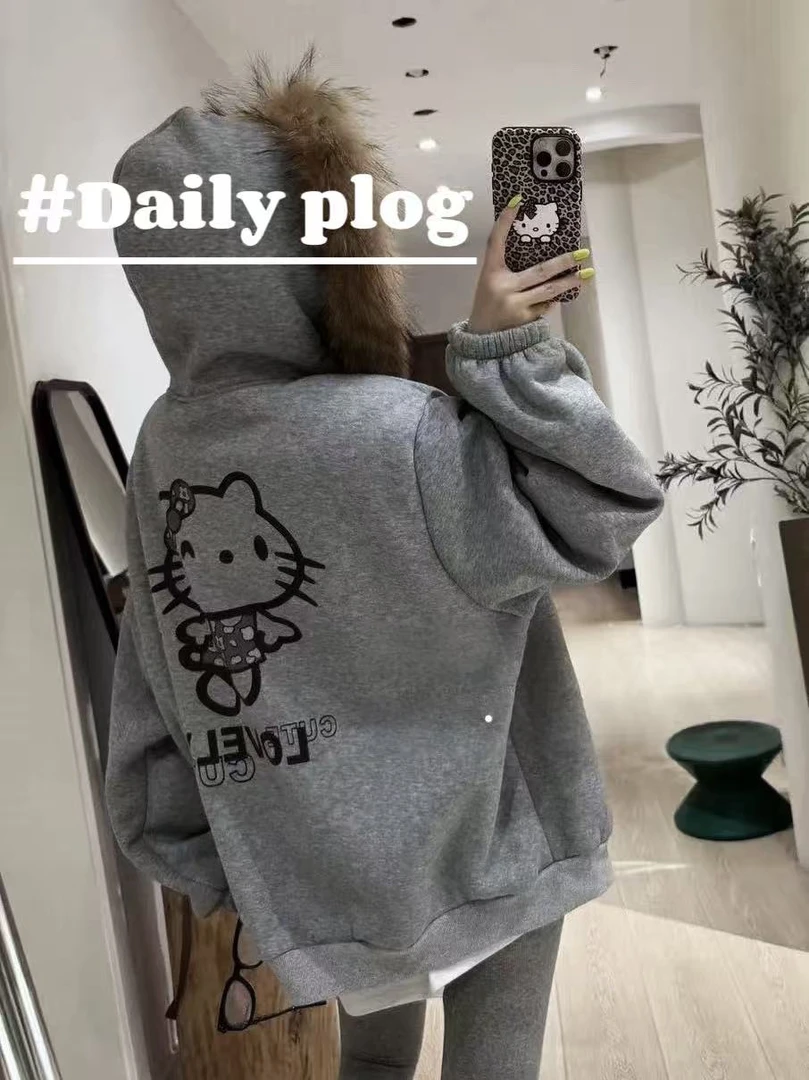 小雅姐姐  卡通猫咪连帽毛领加绒外套KF84