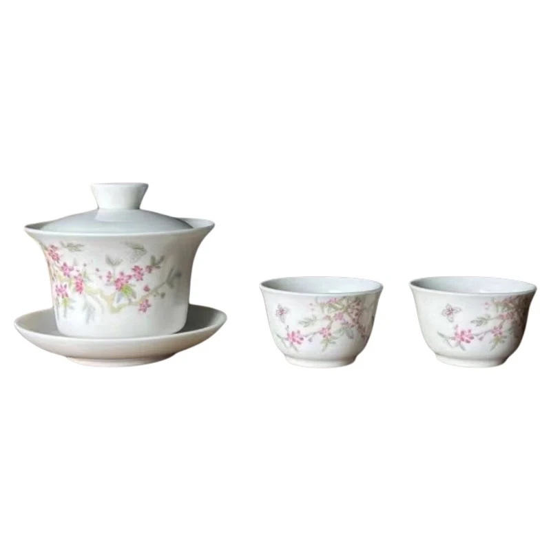 紫藤花三才悬停盖碗带两个杯子