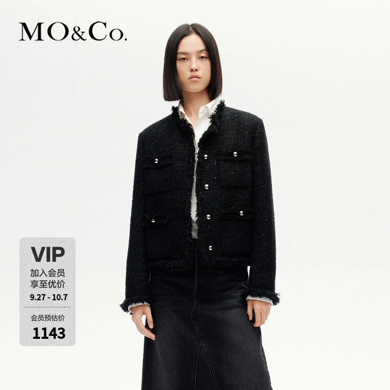 MOCO摇滚闪葱亮片粗花呢毛边短款直角肩外套MBC4COTK03