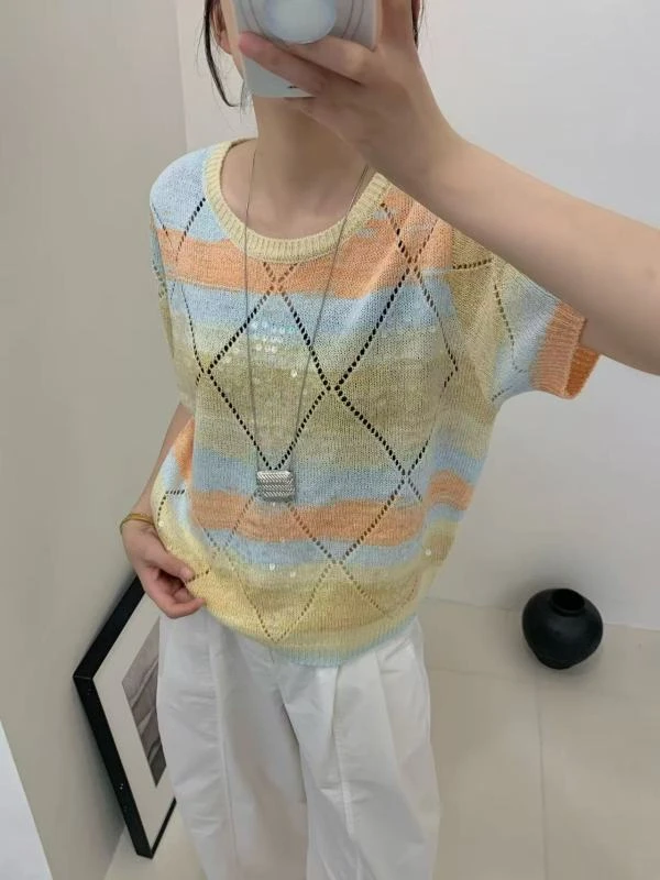 嘉姐家~夏日多巴胺渐变色针织圆领短袖女新款菱形格短袖（245/229）
