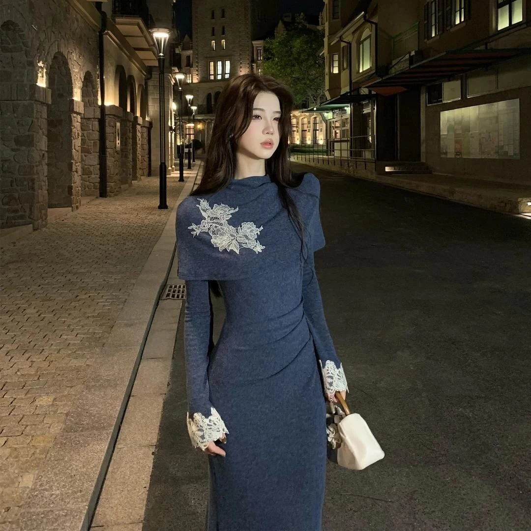 早秋优雅修身刺绣披肩长袖包臀鱼尾针织德绒连衣裙