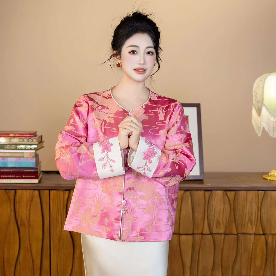 华裳格新中式春季新款真丝冠乐绉荷塘白鹭圆领对襟翻袖外套HS1398