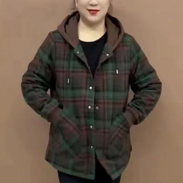 时尚百搭宽松新款大码妈妈连帽棉服保暖外套夹棉棉衣格子减龄